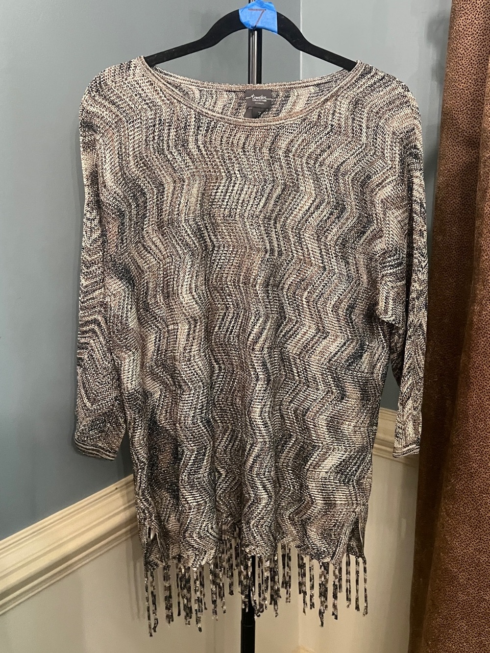 Travelers by Chico’s Neutral Multi Fringe-Hem Scoop Neck Sweater